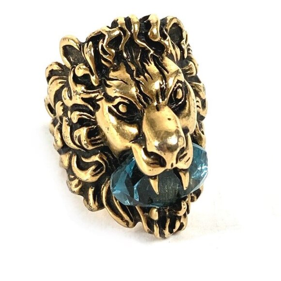 GUCCI 402763 Lion Animal Lion with Stone Accessories Ring Metal Gold/Light blue